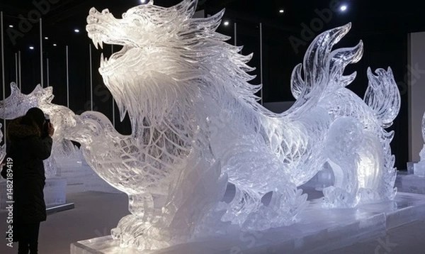 Fototapeta Intricate ice carvings of animals displayed in a winter art festival, Generative AI