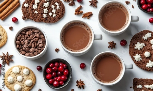 Fototapeta detailed flat-lay of steaming mugs of cocoa surrounded by holiday cookies, spices, and cranberries, Generative AI