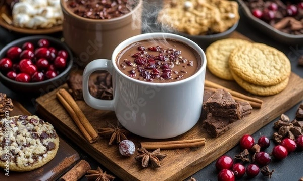 Fototapeta detailed flat-lay of steaming mugs of cocoa surrounded by holiday cookies, spices, and cranberries, Generative AI