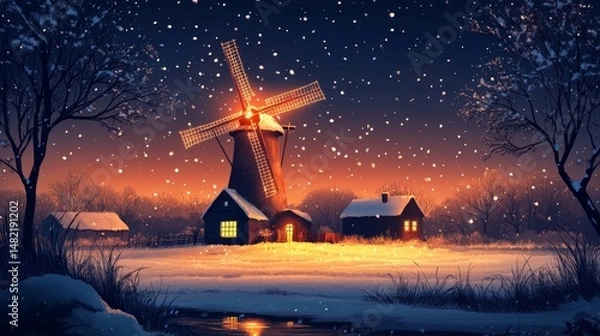 Fototapeta elegantly illustrated holiday card featuring a glowing snowy cathedral under golden twilight hues, Generative AI