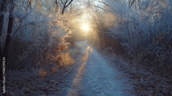 Fototapeta Glittering frost-covered branches arching over a quiet winter trail, Generative AI
