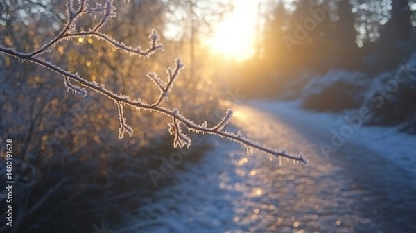 Fototapeta Glittering frost-covered branches arching over a quiet winter trail, Generative AI