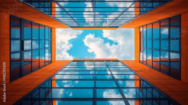 Fototapeta Modern architecture, looking up at a building with orange and glass facade, reflecting a vibrant blue sky and white clouds.