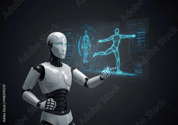 Fototapeta Futuristic robot interacting with holographic human body display