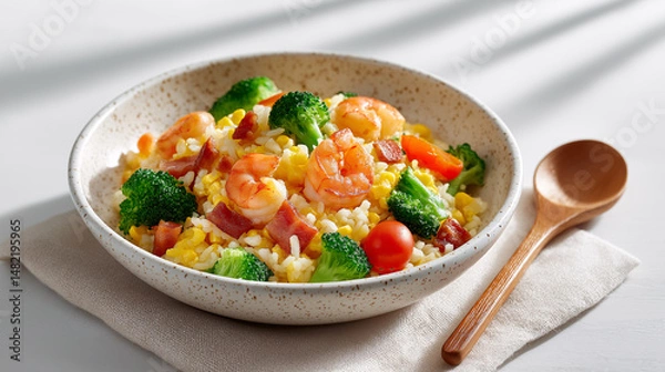 Fototapeta Shrimp Fried Rice Bowl: A delectable bowl of shrimp fried rice bursting with vibrant colors and textures.  The rice is perfectly cooked, studded with juicy shrimp, savory bacon.