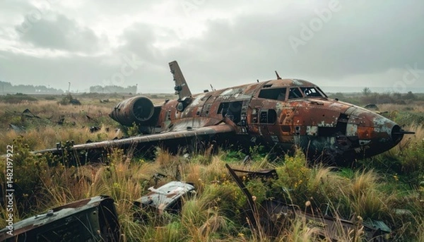 Obraz Rusty Abandoned Warplane Wreck in Foggy Field – Military Aircraft Crash Site Decay Concept