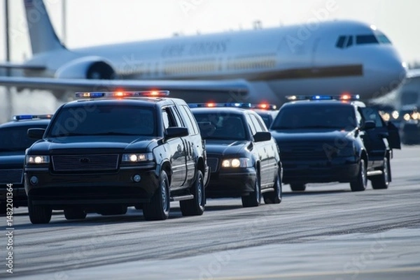 Fototapeta Secret service convoy escorting president on airport tarmac