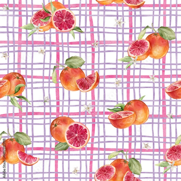 Fototapeta Seamless pattern with watercolor illustration of grapefruit with white flowers on isolated checkered background. Hand painted print with grapefruit branche with green leaves. Citrus food for textile
