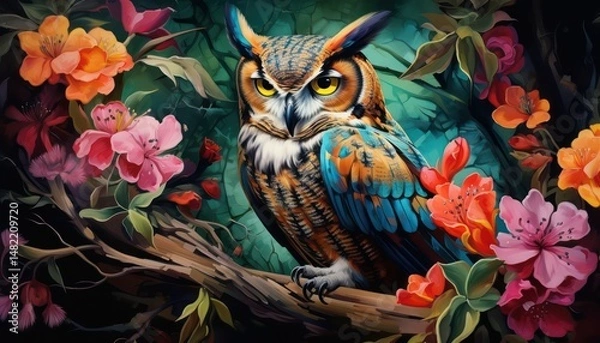 Fototapeta Horned owl, in the beautiful realistic deciduous with spring floral tropical rainforest