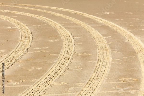 Obraz A sandy beach with a series of tire tracks in the sand
