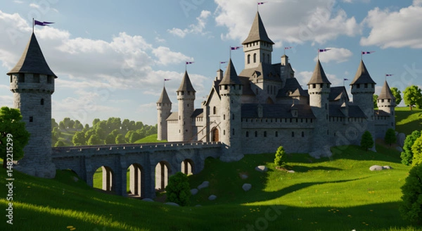 Fototapeta Large stone castle with towers flags and bridge on a green hill under a blue sky