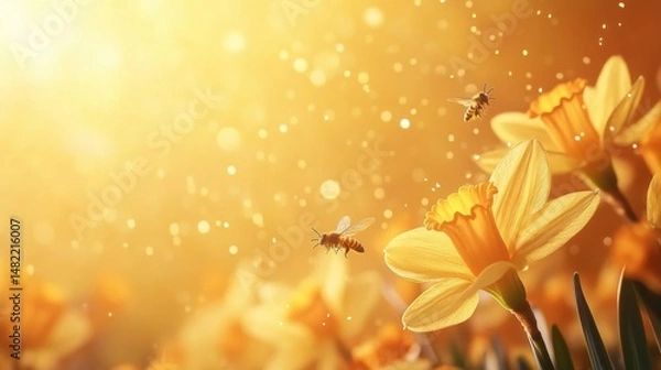 Obraz Bright Daffodils and Bees in Sunlight with Sparkling Background