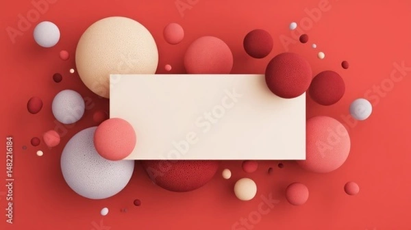 Fototapeta Rectangular frame surrounded by spheres of various sizes and colors on red background.