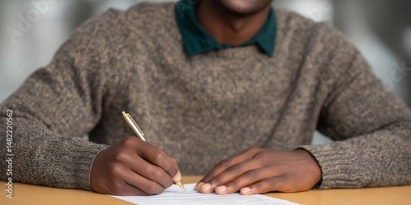 Fototapeta Student completing health insurance waiver form at desk in educational setting