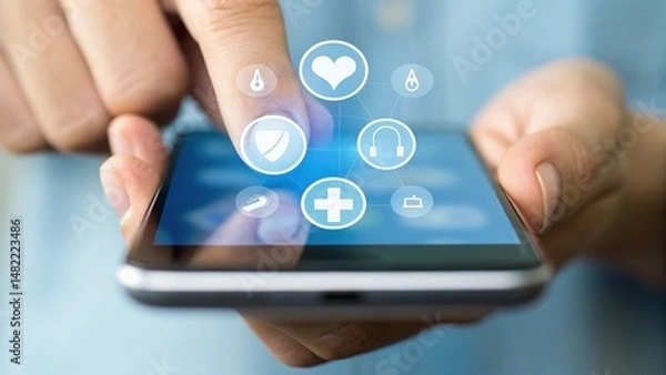 Fototapeta A hand interacts with a smartphone displaying health-related icons, symbolizing the integration of technology and wellness.