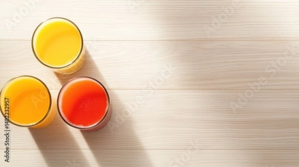 Obraz Variety of Fresh Fruit Juices on Wood Table with Sunlight, Overhead View fresh fruit table wood beer