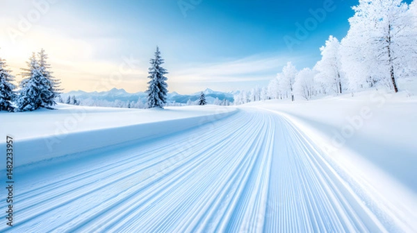 Obraz Ski Trail. Groomed Cross-Country Ski Trail on Snowy Mountain Road in Winter