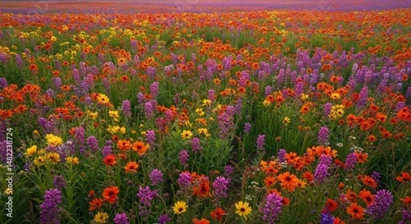 Fototapeta Vibrant tapestry of wildflowers cascading across a sunlit meadow landscape