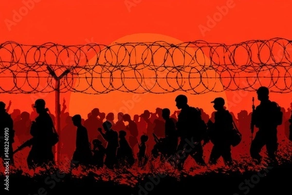 Fototapeta A group of people with backpacks and luggage being deported near a border. The scene implies forced relocation and travel restrictions.