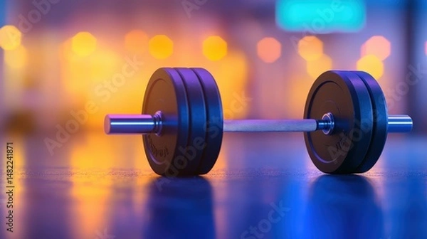 Fototapeta Dramatic Close-Up of a Barbell with Weight Plates on a Softly Lit Surface Showcasing Fitness and Strength Training Atmosphere