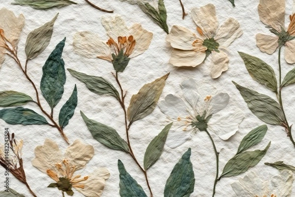 Fototapeta Natural handcrafted paper, creatively arranged dried plants and flowers on it. Unique textured handmade material with visible organic fibers, natural Earth colors surface. Background, wallpaper