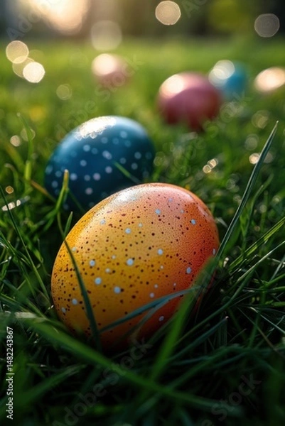 Fototapeta Collection of easter eggs laying in grass all easter eggs are in focus, easter celebration