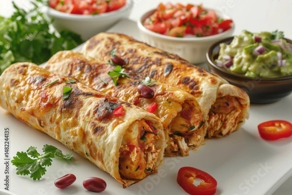 Fototapeta Create a highly detailed and realistic photo of Baked Burritos on white background