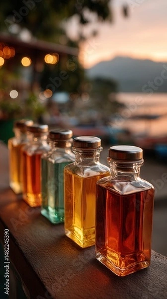 Fototapeta Peaceful colorful bottles displayed at sunset beachside bar