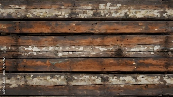 Fototapeta Close-up of weathered wooden pallet surface, featuring distressed textures, cracks, and faded paint. Aged appearance with rich brown tones, suitable for vintage,Generative Ai
