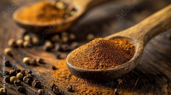 Obraz Golden spice powder in wooden spoon and board with warm culinary light setting