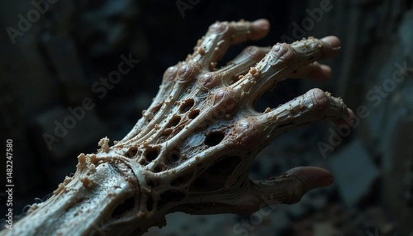 Fototapeta A Ghastly Hand Emerging from the Ruins: A Digital 3D Render of a Decaying, Skeletal Hand