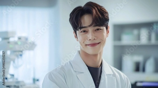 Fototapeta In a modern doctor's office, a stylish and handsome Korean individual is visiting.