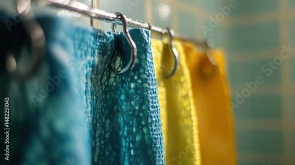 Fototapeta Pathogen-laden bathroom curtain hooks, germs, bathroom, showing unnoticed contamination points