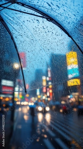 Fototapeta An umbrella with water droplets on it, seen from inside the translucent transparent fabric looking out at busy street in tokyo