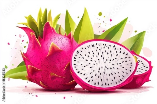 Fototapeta A dragon-fruit next to a slice of dragon-fruit isolated in white background.