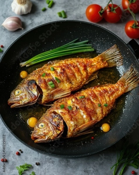 Fototapeta Top view of golden fried fish in a black pan with oil and green onions next to it on a grey concrete table