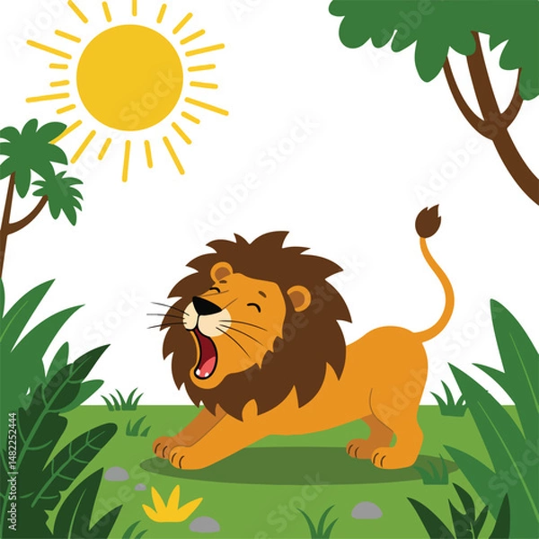 Obraz Cartoon Lion Roaring in Sunny Jungle with Green Tropical Trees. Isolated Vector Illustration