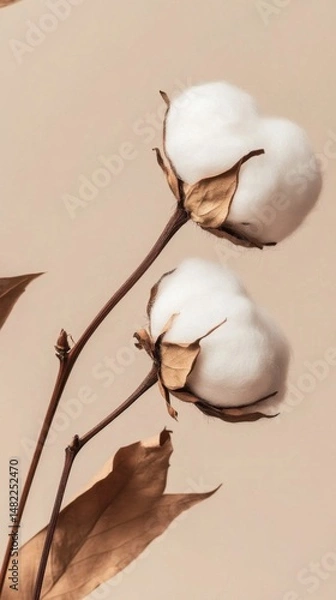Fototapeta Close-up of two cotton flower, coffee colored leaves and branches in a simple background