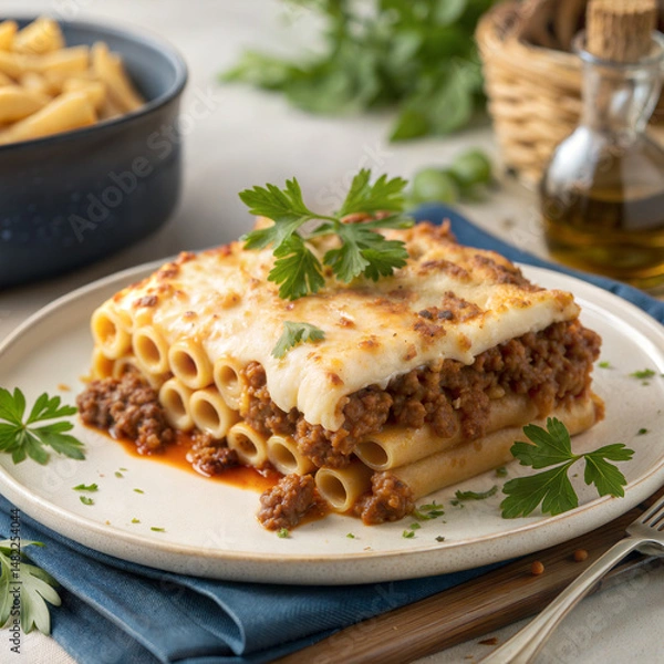 Fototapeta Plate of lasagna with meat and cheese garnished with parsley, pastitsio.
