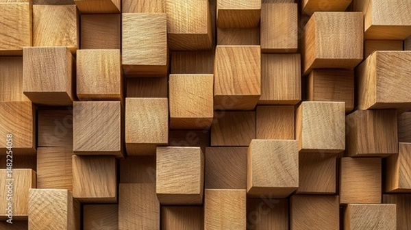 Fototapeta Wooden cubes as a background, close-up, top view