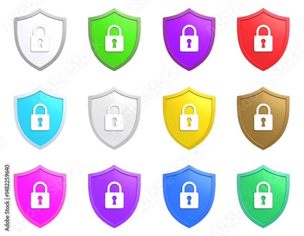 Fototapeta Twelve colorful shield icons, each displaying a padlock, representing security and protection