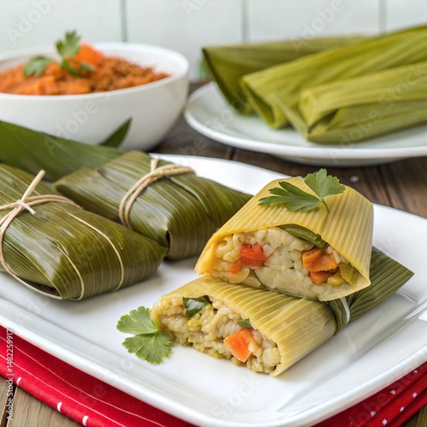 Fototapeta Traditional tamales wrapped in banana leaves on a white plate,  peruvian-tamales