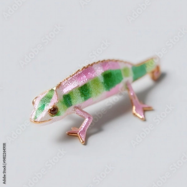 Fototapeta Cute 3D chameleon with rainbow glass skin, standing on leaf