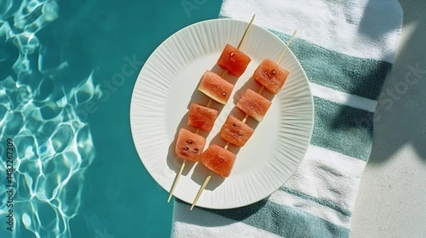 Fototapeta Freshly prepared watermelon slices on wooden skewers ready for a summer poolside snack experience