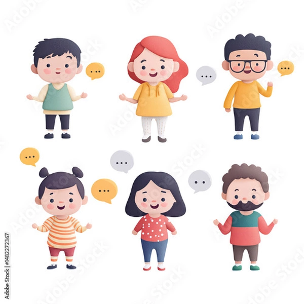 Fototapeta Diverse group of cartoon children with speech bubbles, representing communication, education, and social interaction on a transparent background Concept of childhood and community