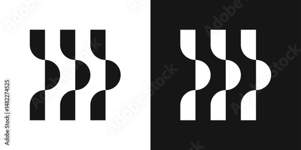 Fototapeta Minimal geometric logo with three vertical lines and wave curves. Abstract tech symbol for digital platforms and flow systems.