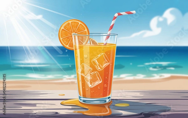Obraz summer drink, A glass of freshly squeezed orange juice sits on a serene ocean view in the background glass.