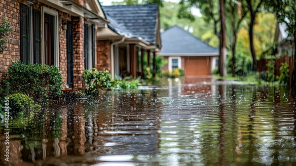 Fototapeta Flooded residential area with heavy rainfall creating serene yet alarming scene. Water covers ground, reflecting surrounding homes and greenery