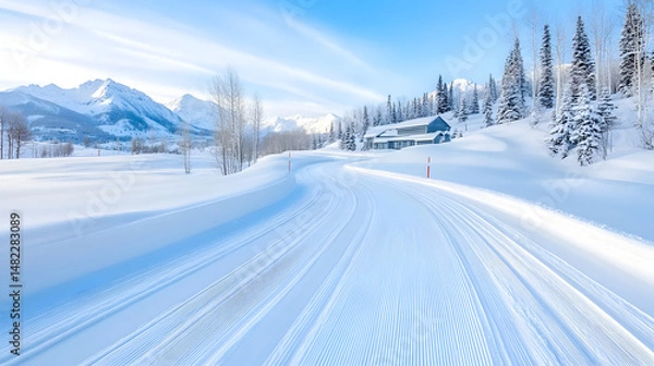 Obraz Ski Trail. Groomed Cross-Country Ski Trail on Snowy Mountain Road in Winter
