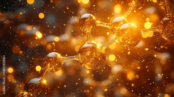 Fototapeta Golden molecular structure with bokeh.